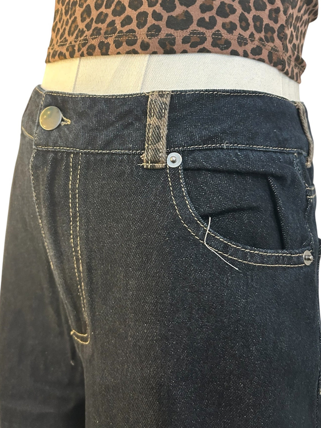 Leopard Cuff Detail - Wide Leg Denim Jeans