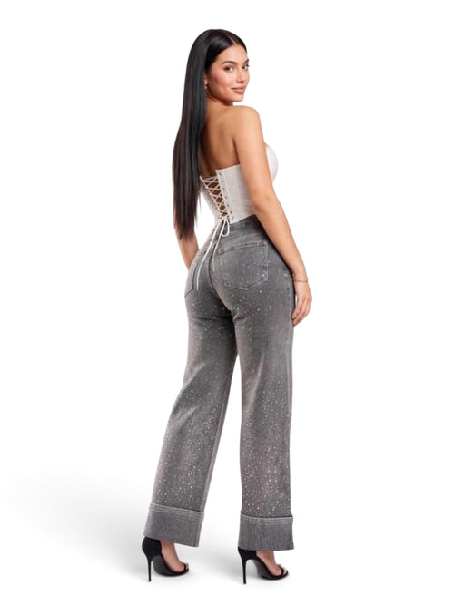 Bella Grey Denim Full Rhinestone pants - Wide Leg Stretch Jeans