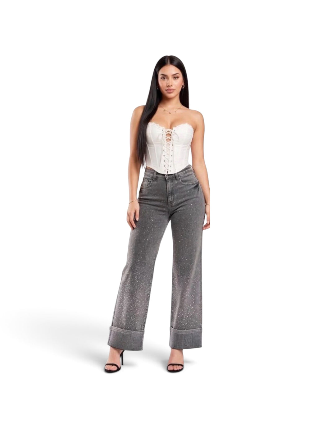 Bella Grey Denim Full Rhinestone pants - Wide Leg Stretch Jeans