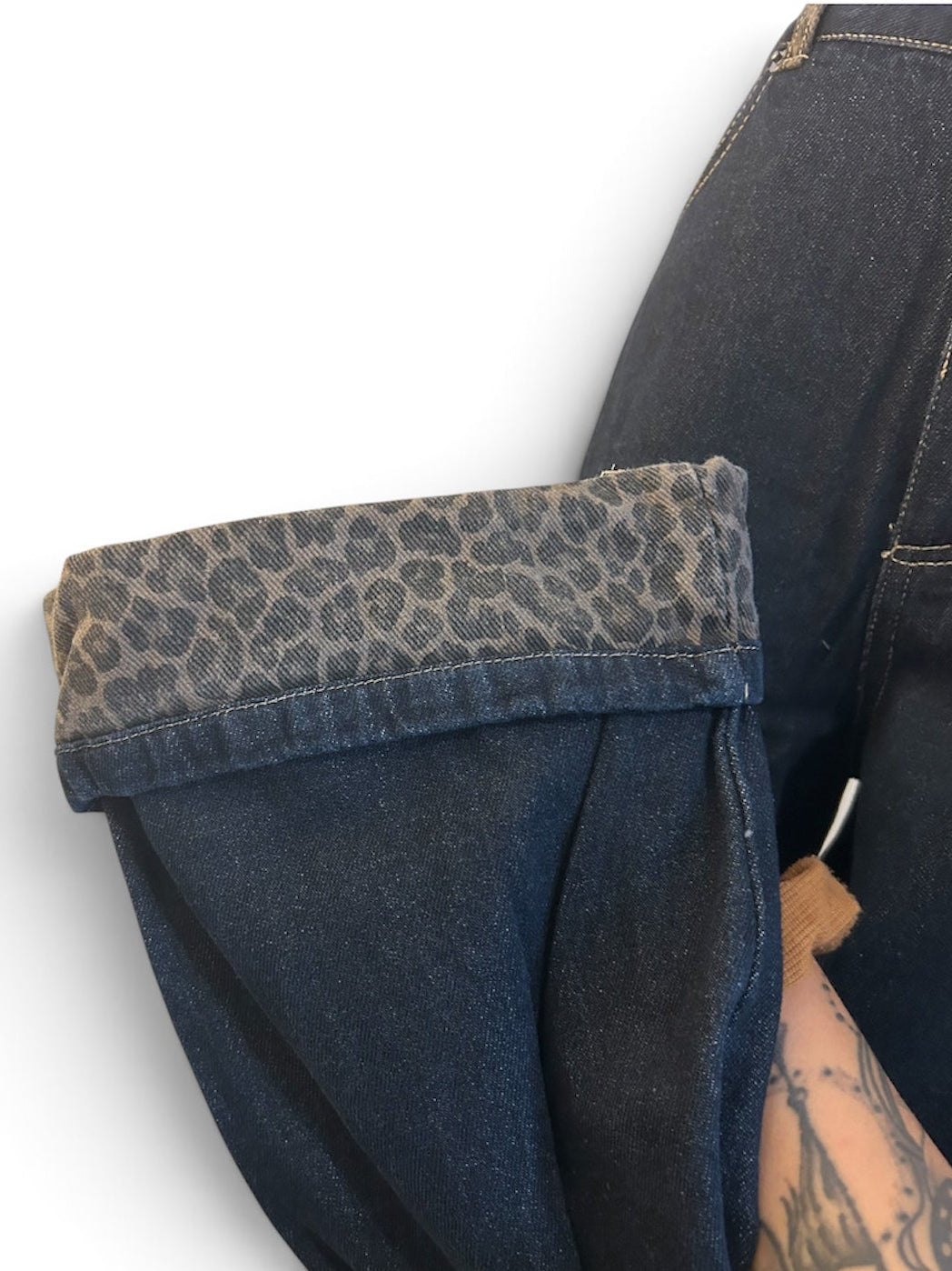Leopard Cuff Detail - Wide Leg Denim Jeans