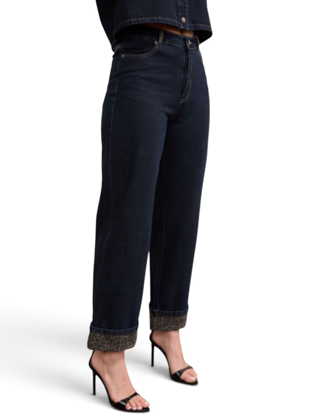 Leopard Cuff Detail - Wide Leg Denim Jeans