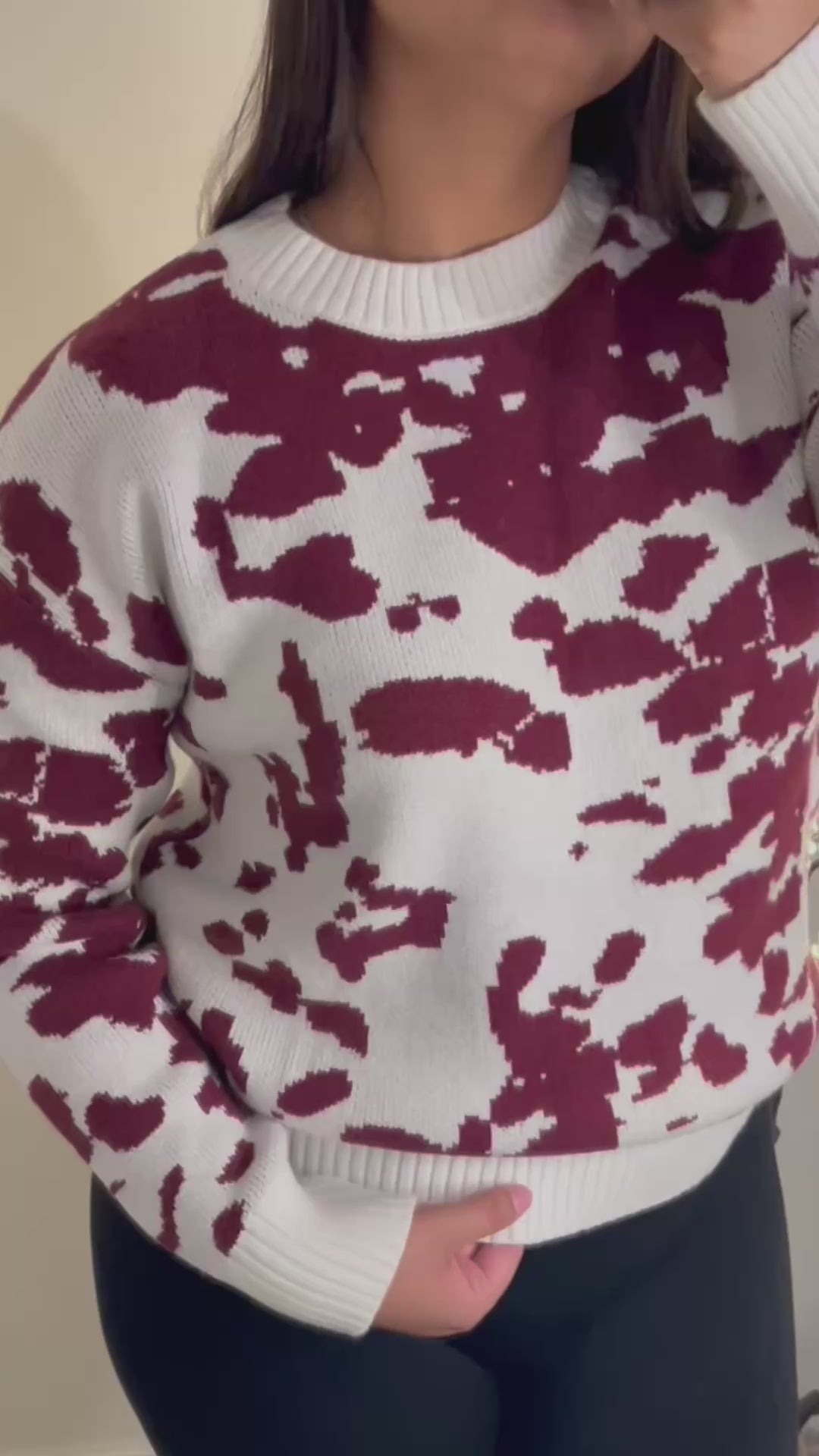 “Ella Sweater” cow pattern round neck knit